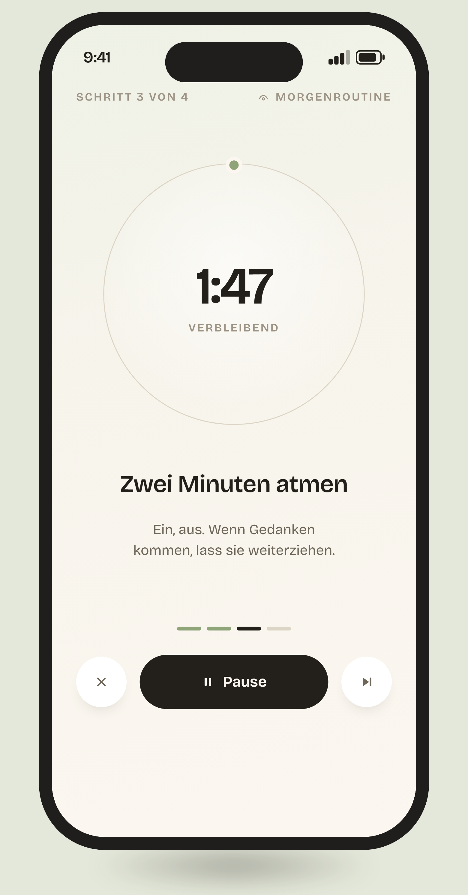 Ein laufendes Lumi-Ritual: „Zwei Minuten atmen“ mit ruhigem Timer